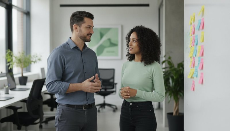Gestor de TI conversando com uma profissional recém-chegada ao lado de um quadro com post-its, no início de uma alocação de profissionais de TI