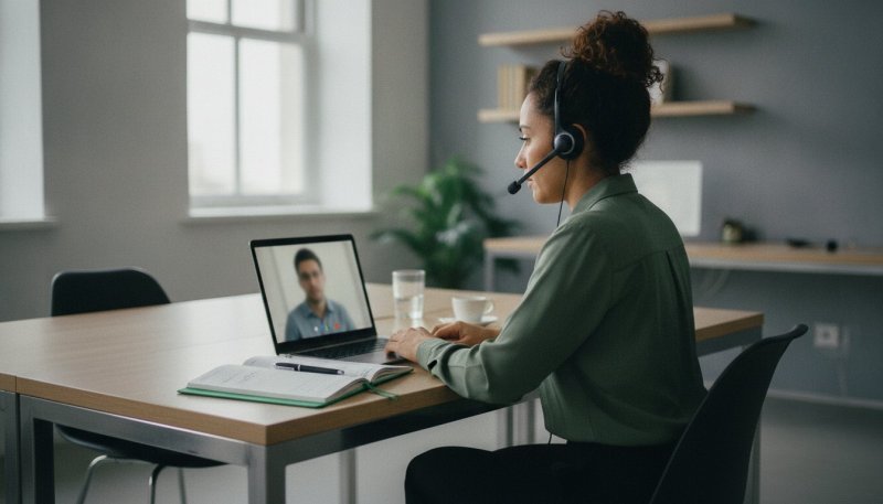 Consultora de recrutamento e seleção fazendo entrevista por vídeo com candidato