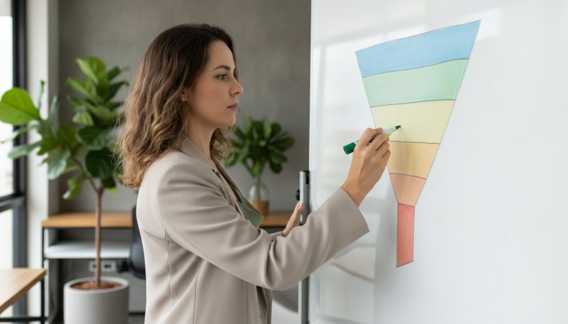 Recrutadora desenha com marcador verde um funil de recrutamento em faixas coloridas num quadro branco