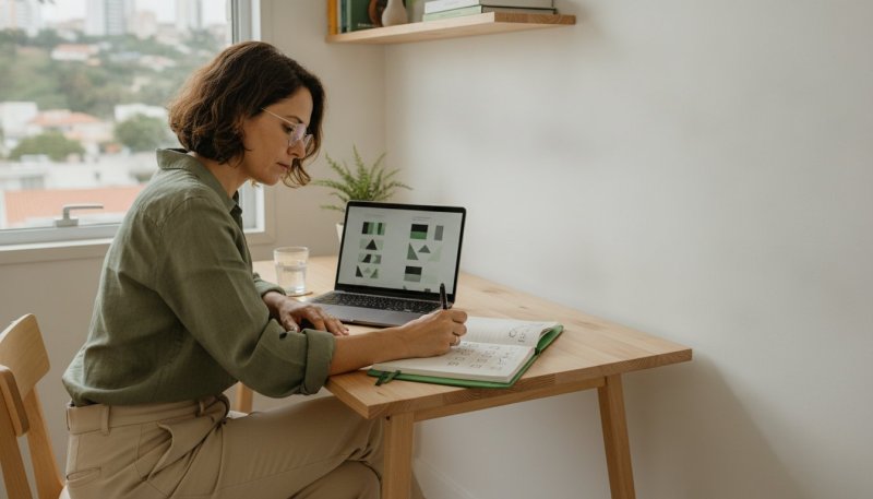 Gestora de pequena empresa anotando em um caderno enquanto compara opções de ATS no notebook