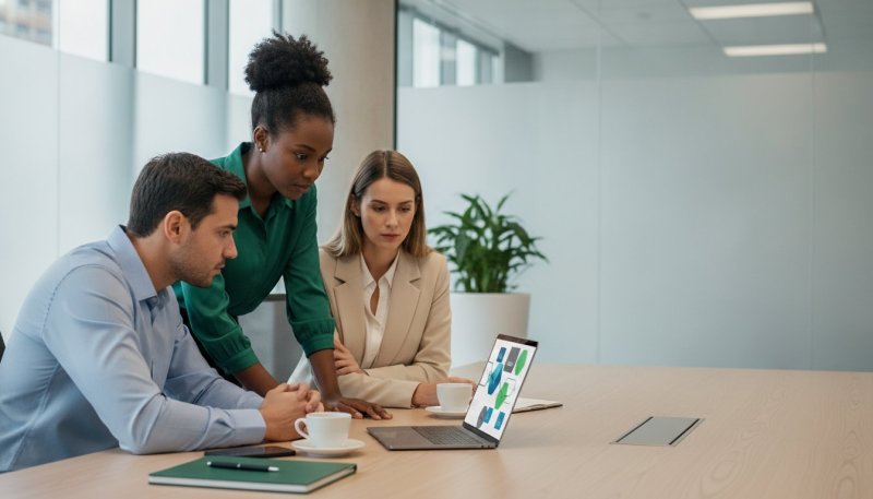 Três profissionais de RH, um homem e duas mulheres, avaliando a Gupy para empresas em um notebook na sala de reunião