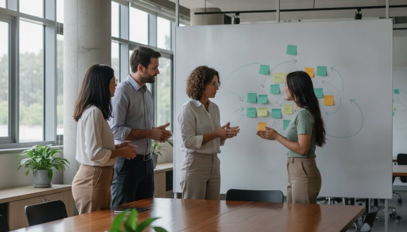Quatro colegas conversam em pé diante de um quadro branco com post-its coloridos e setas, comparando opções de contratação
