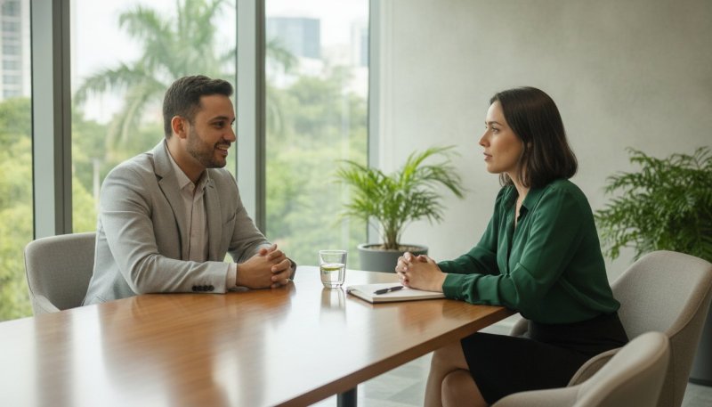Recrutador entrevista uma candidata em sala de reunião, etapa que entra no custo de contratar um funcionário