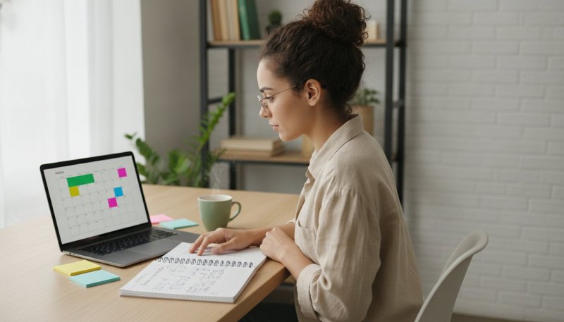 Social media freelancer de óculos planejando o calendário de conteúdo do mês no notebook, com caderno e post-its na mesa