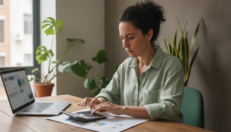 Social media freelancer calculando o preço de um pacote mensal com calculadora sobre relatório impresso, ao lado do notebook