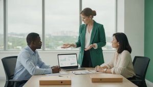 Consultoria de recrutamento e seleção: consultora em pé conversando com um gestor e uma gestora em sala de reunião
