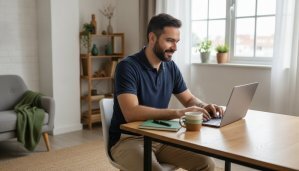 Recrutador freelancer trabalhando de casa no notebook, com caderno e café sobre a mesa
