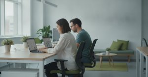 Uma mulher e um homem trabalhando lado a lado em notebooks num escritório claro, representando a alocação de profissionais de TI