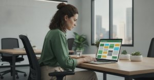 Profissional de RH de camisa verde avaliando a Gupy para empresas em um painel de cartões coloridos no notebook