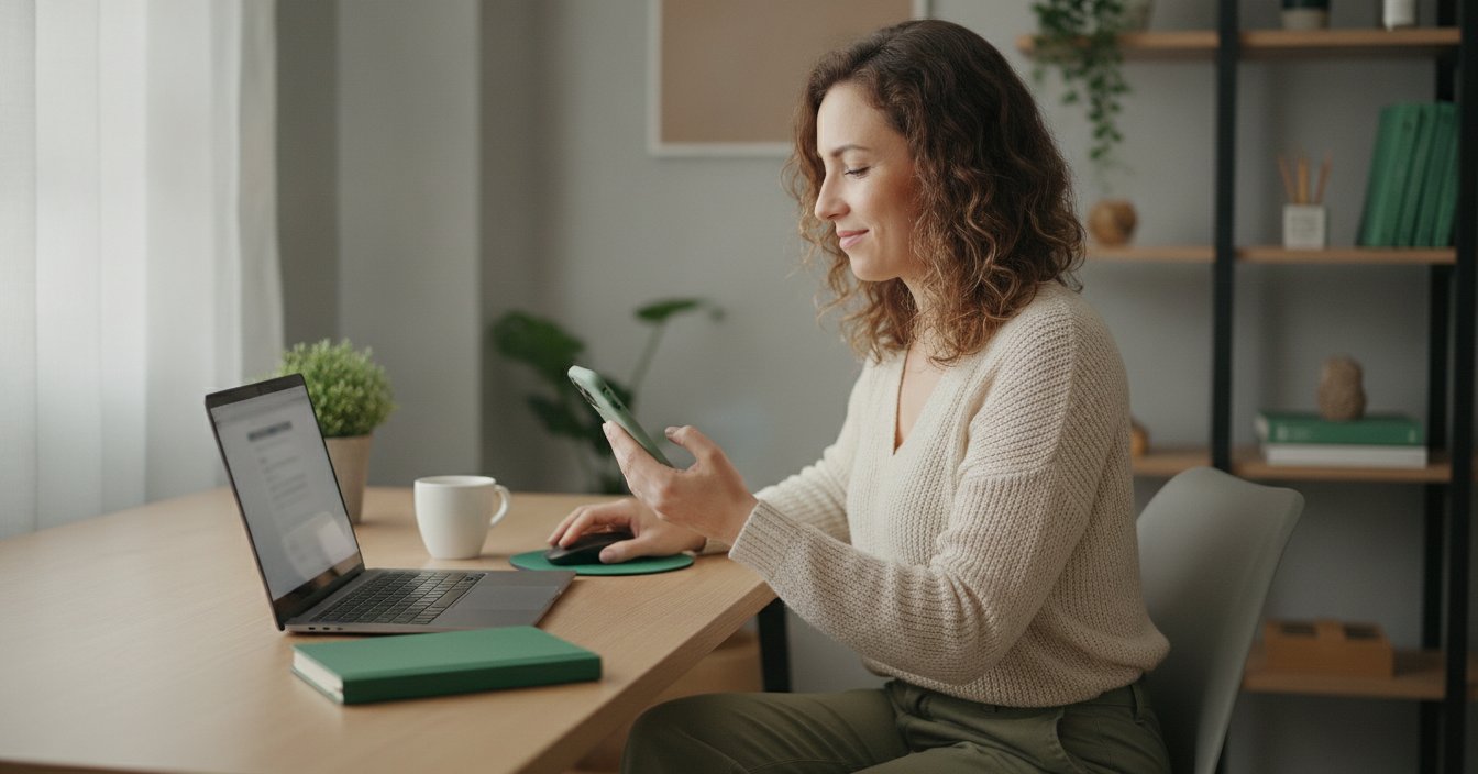 Social media freelancer sorrindo enquanto usa o celular em home office, com notebook, caneca e caderno sobre a mesa